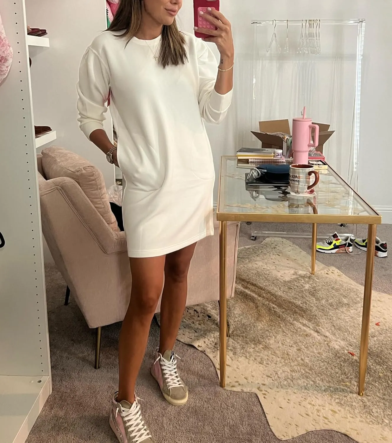 Casual Long Sleeve Sweatshirt Dress Women Air Essentials Crew Neck Dress Tunic Tops with Pockets