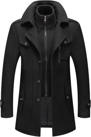 CHARTOU Men's Thermal Single Breasted Wool Blend Coat Business Peacoat with Detachable Zipper