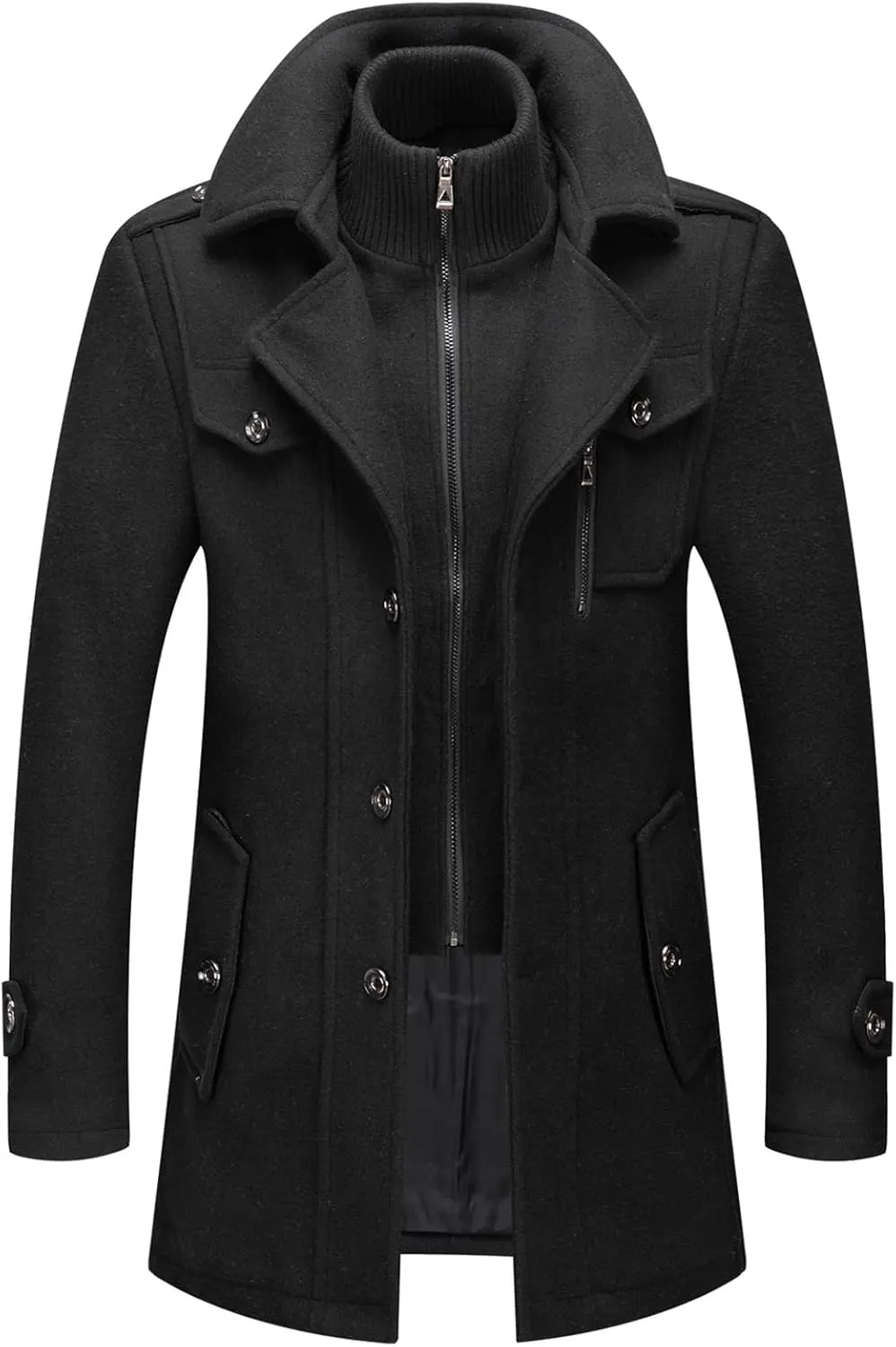 CHARTOU Men's Thermal Single Breasted Wool Blend Coat Business Peacoat with Detachable Zipper