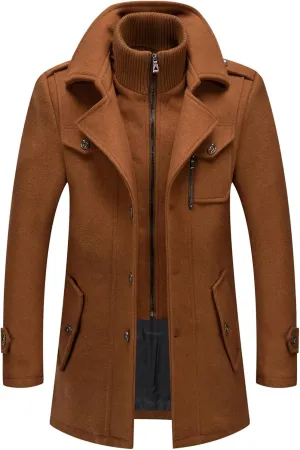 CHARTOU Men's Thermal Single Breasted Wool Blend Coat Business Peacoat with Detachable Zipper
