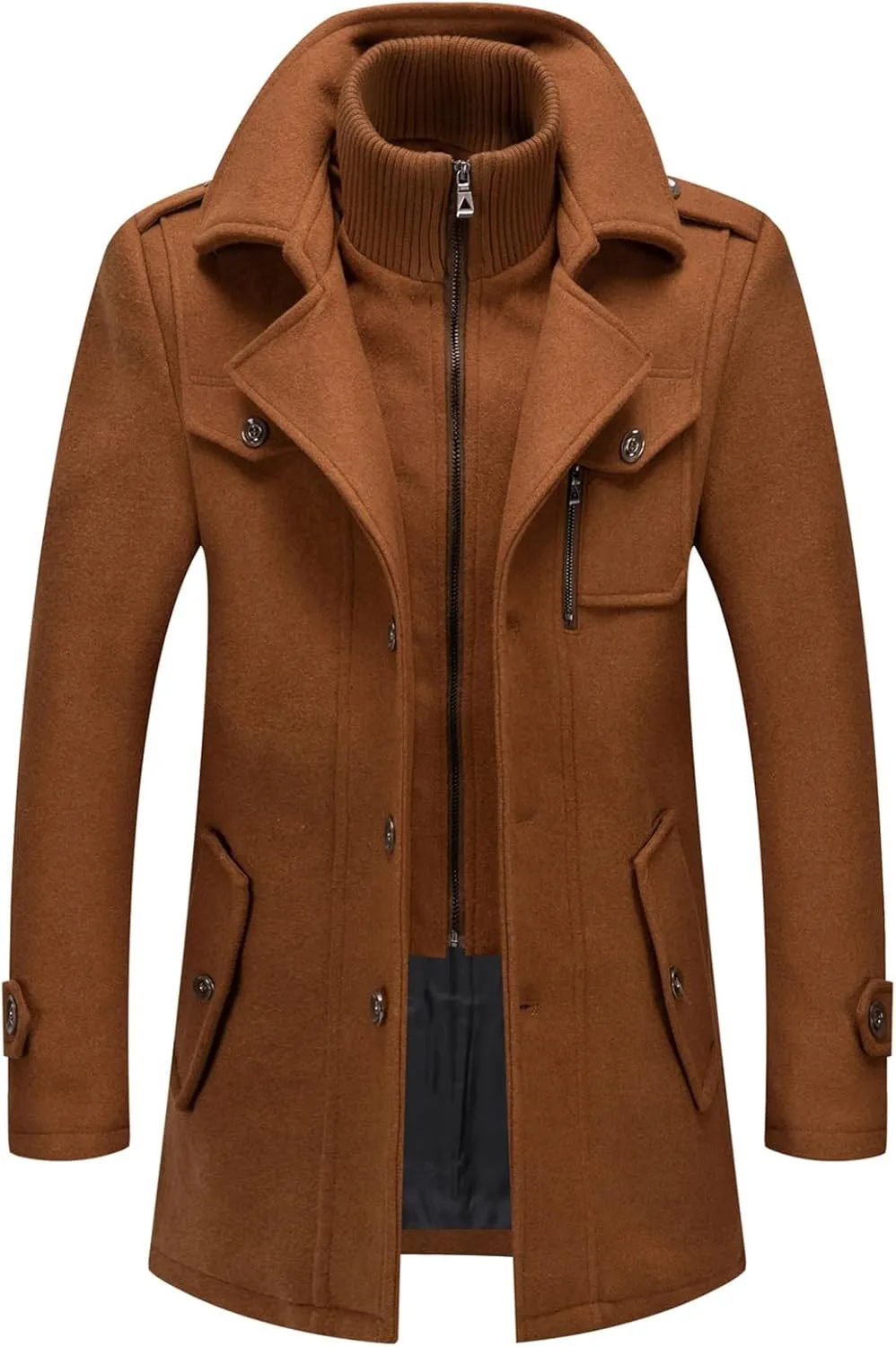 CHARTOU Men's Thermal Single Breasted Wool Blend Coat Business Peacoat with Detachable Zipper