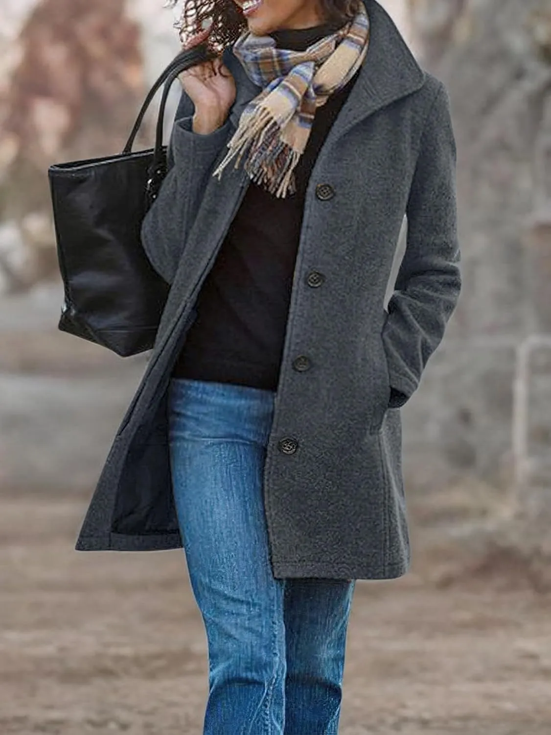 CHARTOU Women's Casual Thicken Wool Blend Stand Collar Single Breasted Pea Coat