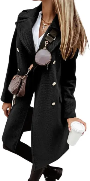 CHARTOU Women's Casual Twill Notched Lapel Double Breasted Wool Blend Trench Coat Woolen Overcoat