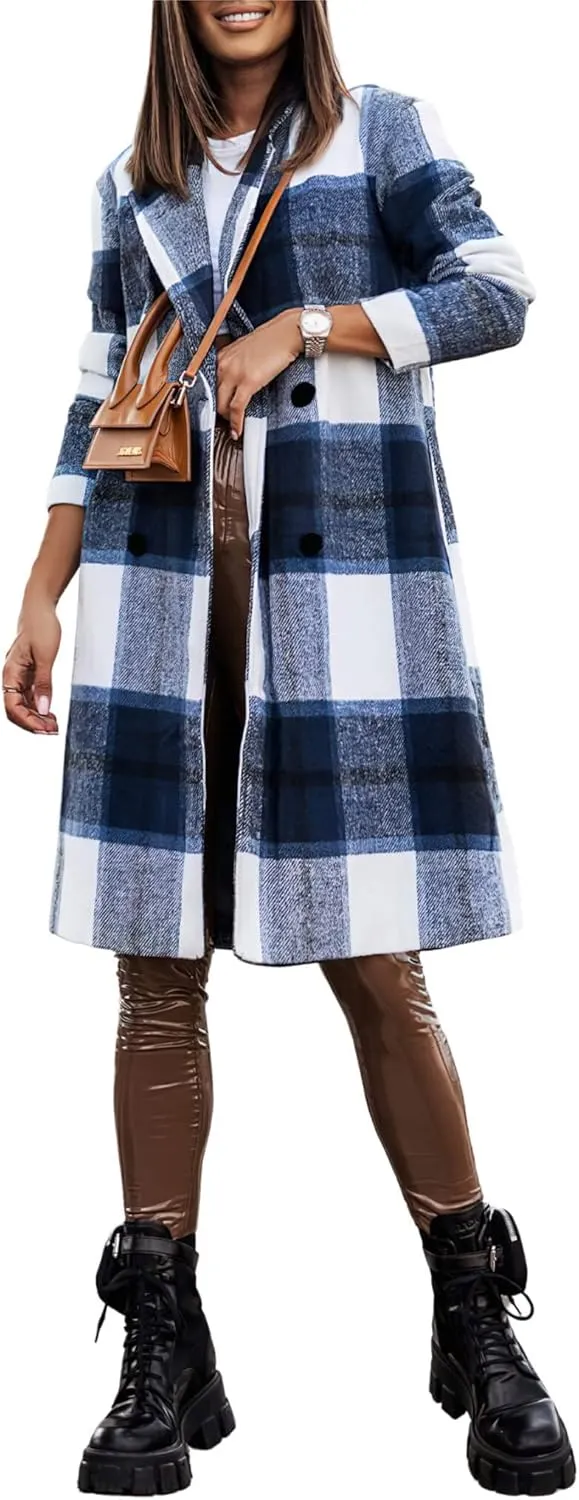 CHARTOU Women's Plaid Wool Blend Double Breasted Midi Long Trench Coat Overcoat