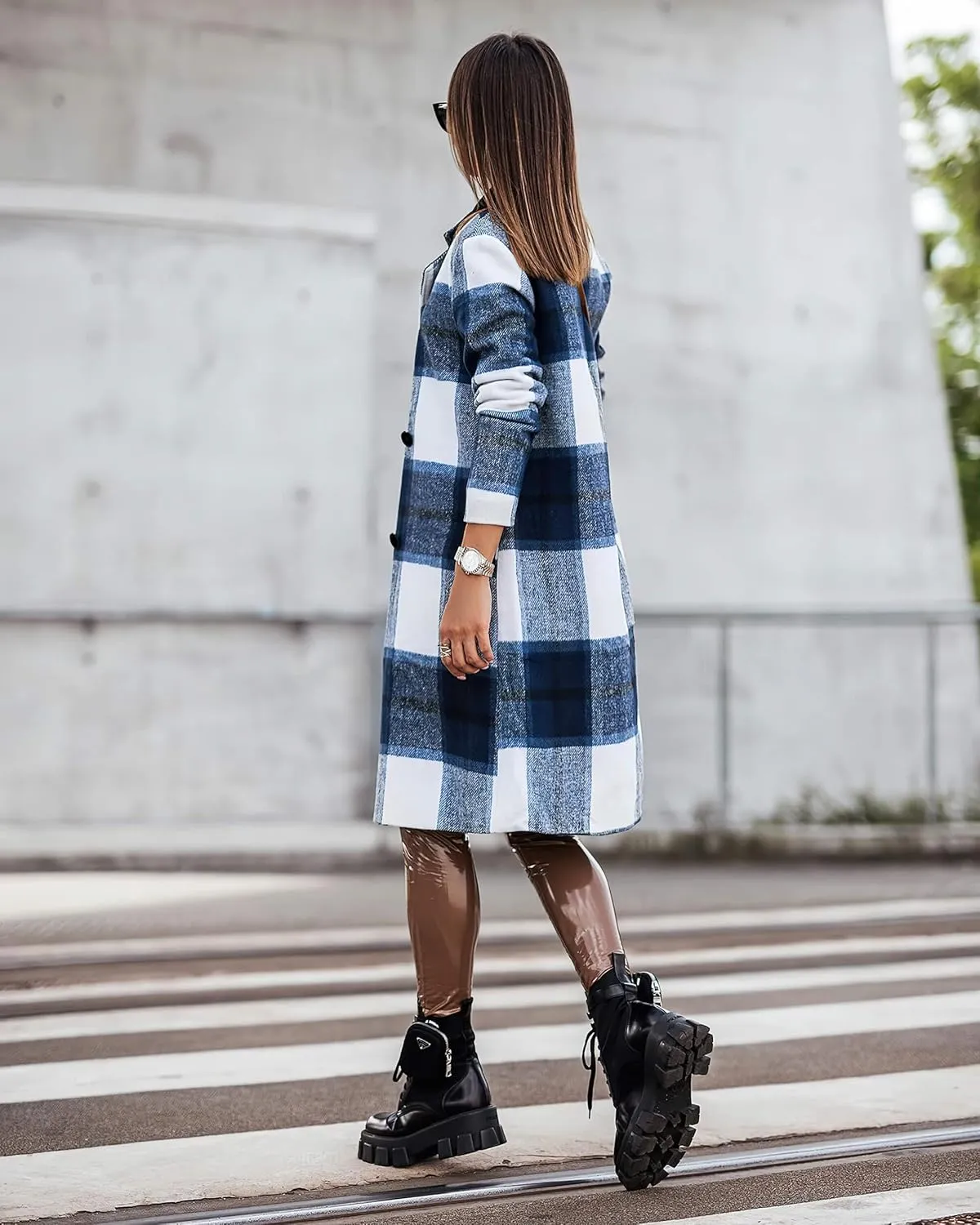 CHARTOU Women's Plaid Wool Blend Double Breasted Midi Long Trench Coat Overcoat