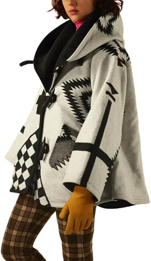 CHARTOU Women's Wool Blend Aztec Ethnic Geometric Print Hooded Toggle Cloak Coat