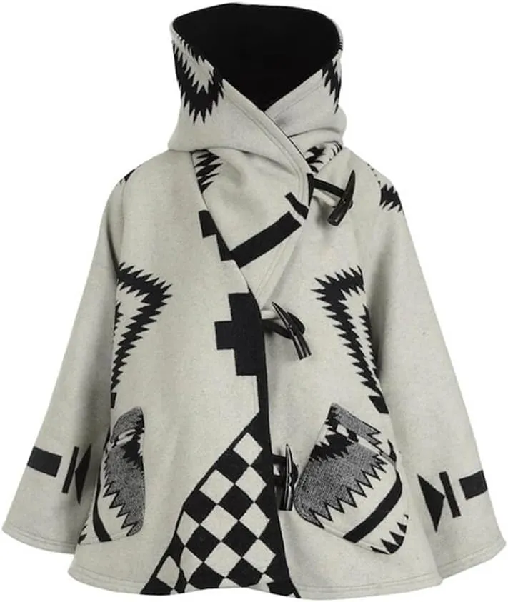 CHARTOU Women's Wool Blend Aztec Ethnic Geometric Print Hooded Toggle Cloak Coat