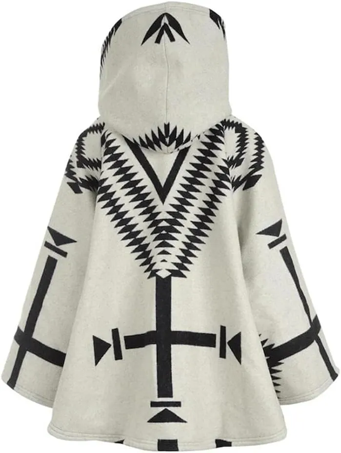 CHARTOU Women's Wool Blend Aztec Ethnic Geometric Print Hooded Toggle Cloak Coat