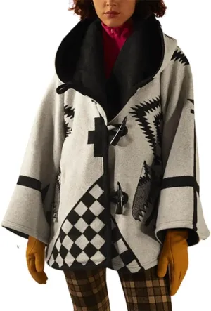 CHARTOU Women's Wool Blend Aztec Ethnic Geometric Print Hooded Toggle Cloak Coat