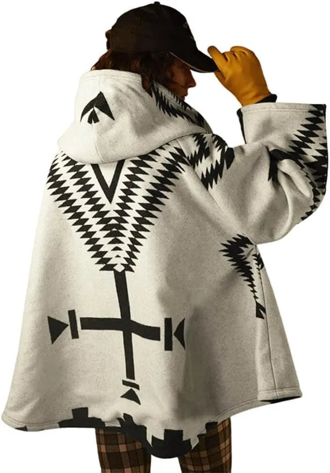 CHARTOU Women's Wool Blend Aztec Ethnic Geometric Print Hooded Toggle Cloak Coat