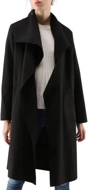 CHARTOU Women's Wool Blend Shawl Collar Cascade Front Belted Wrap Trench Coat