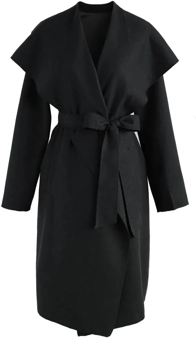 CHARTOU Women's Wool Blend Shawl Collar Cascade Front Belted Wrap Trench Coat
