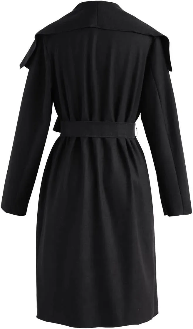 CHARTOU Women's Wool Blend Shawl Collar Cascade Front Belted Wrap Trench Coat