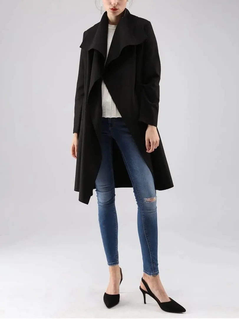 CHARTOU Women's Wool Blend Shawl Collar Cascade Front Belted Wrap Trench Coat