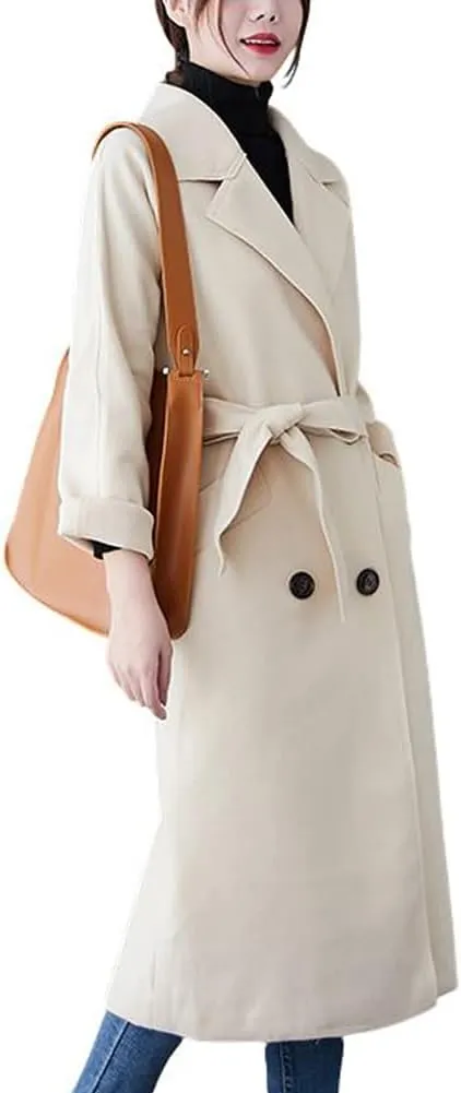CHARTOU Women's Wool Blend Trench Coat Notched Lapel Double Breasted Wrap Overcoat with Belt