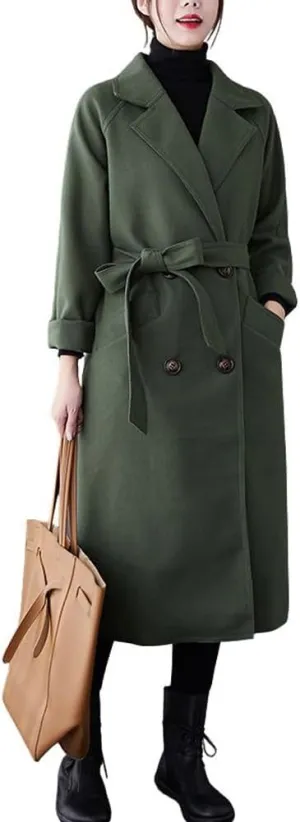 CHARTOU Women's Wool Blend Trench Coat Notched Lapel Double Breasted Wrap Overcoat with Belt