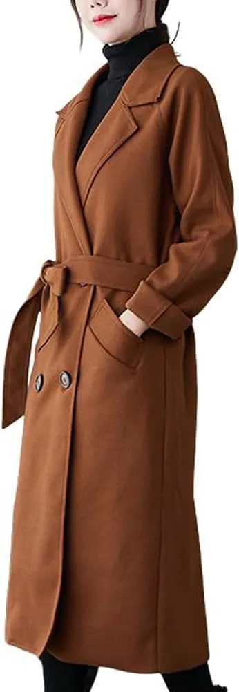 CHARTOU Women's Wool Blend Trench Coat Notched Lapel Double Breasted Wrap Overcoat with Belt