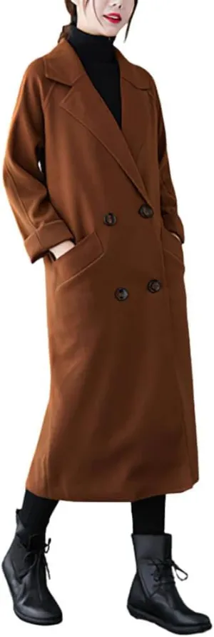 CHARTOU Women's Wool Blend Trench Coat Notched Lapel Double Breasted Wrap Overcoat with Belt