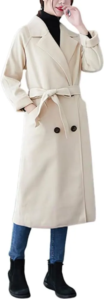CHARTOU Women's Wool Blend Trench Coat Notched Lapel Double Breasted Wrap Overcoat with Belt