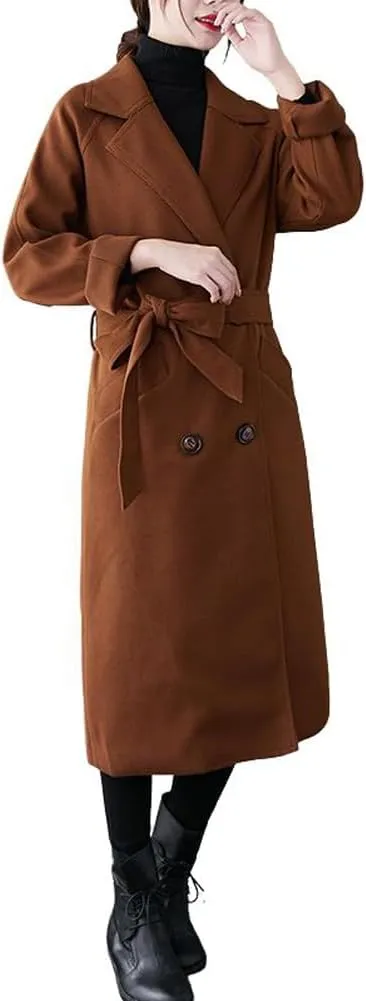 CHARTOU Women's Wool Blend Trench Coat Notched Lapel Double Breasted Wrap Overcoat with Belt