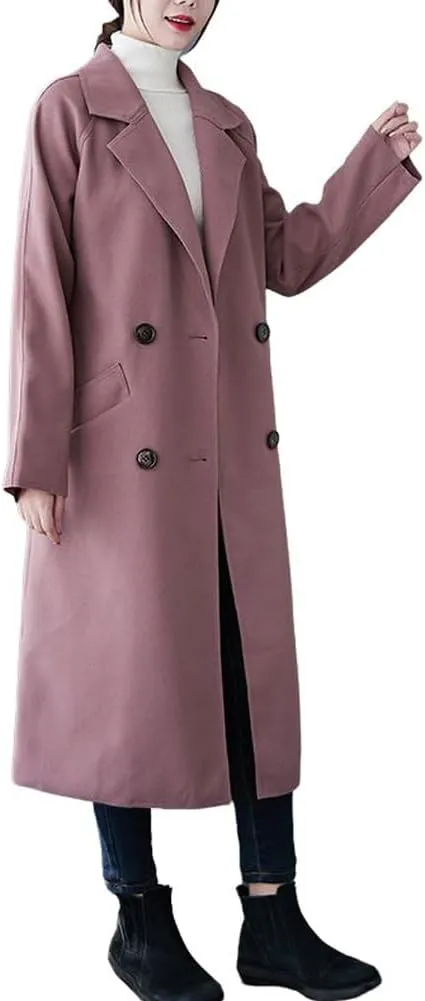 CHARTOU Women's Wool Blend Trench Coat Notched Lapel Double Breasted Wrap Overcoat with Belt
