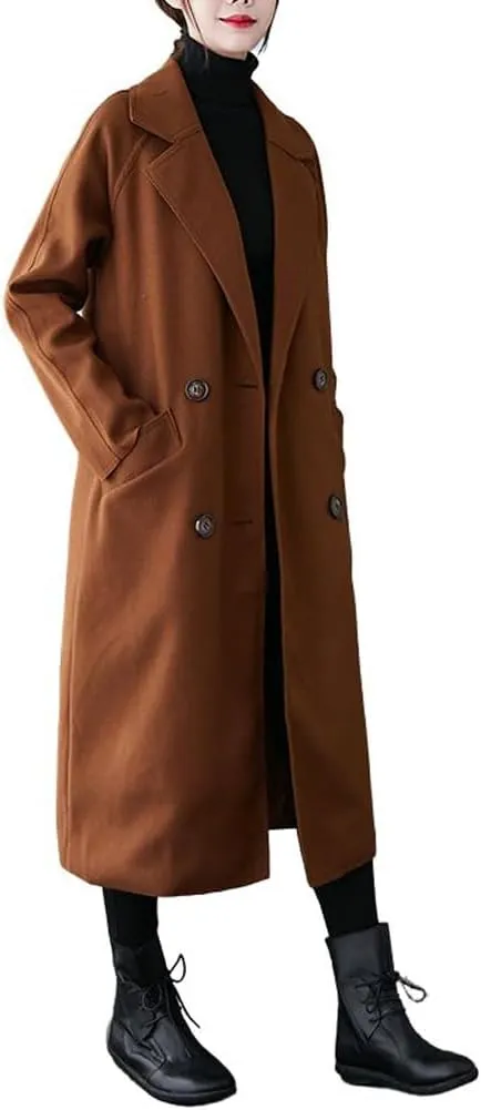 CHARTOU Women's Wool Blend Trench Coat Notched Lapel Double Breasted Wrap Overcoat with Belt