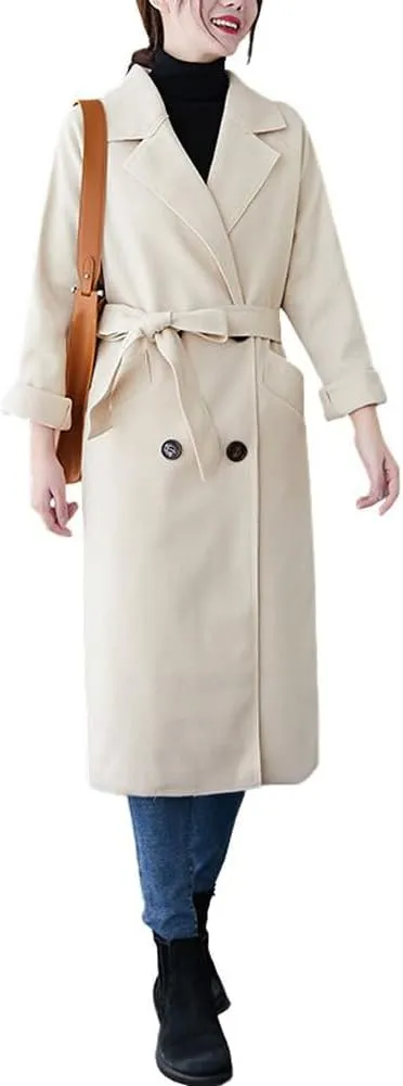 CHARTOU Women's Wool Blend Trench Coat Notched Lapel Double Breasted Wrap Overcoat with Belt
