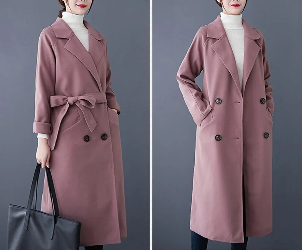 CHARTOU Women's Wool Blend Trench Coat Notched Lapel Double Breasted Wrap Overcoat with Belt