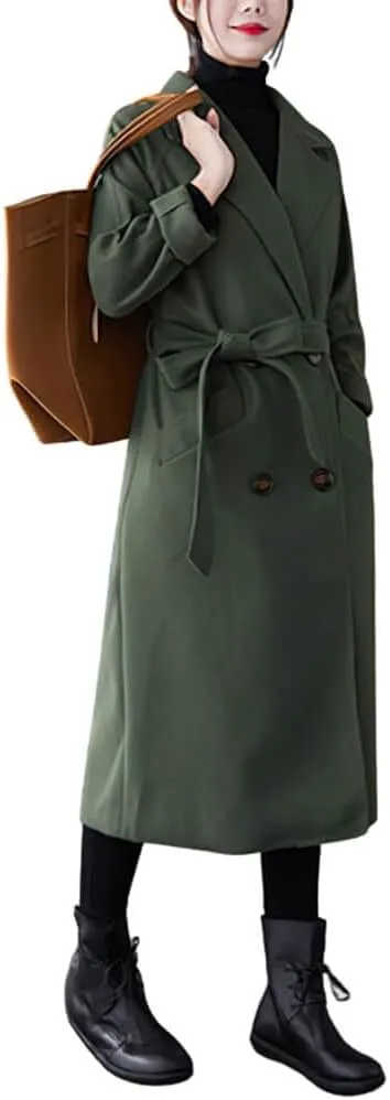 CHARTOU Women's Wool Blend Trench Coat Notched Lapel Double Breasted Wrap Overcoat with Belt