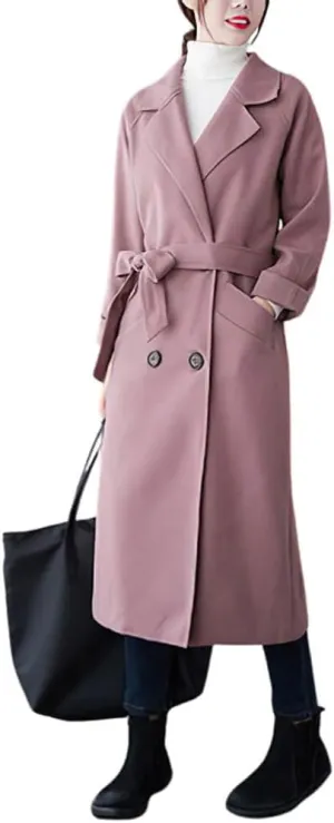 CHARTOU Women's Wool Blend Trench Coat Notched Lapel Double Breasted Wrap Overcoat with Belt