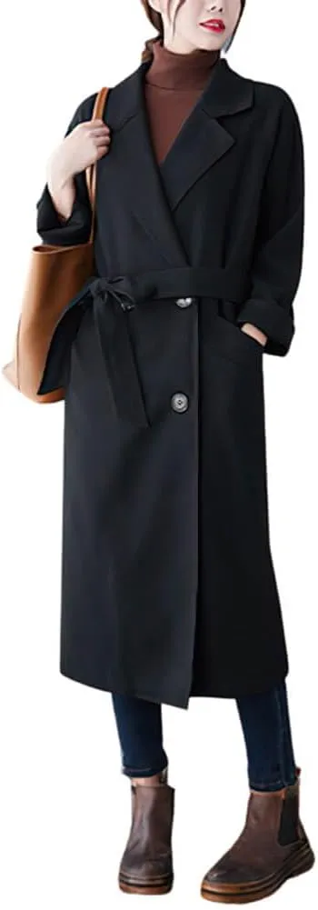 CHARTOU Women's Wool Blend Trench Coat Notched Lapel Double Breasted Wrap Overcoat with Belt