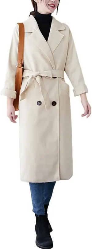 CHARTOU Women's Wool Blend Trench Coat Notched Lapel Double Breasted Wrap Overcoat with Belt