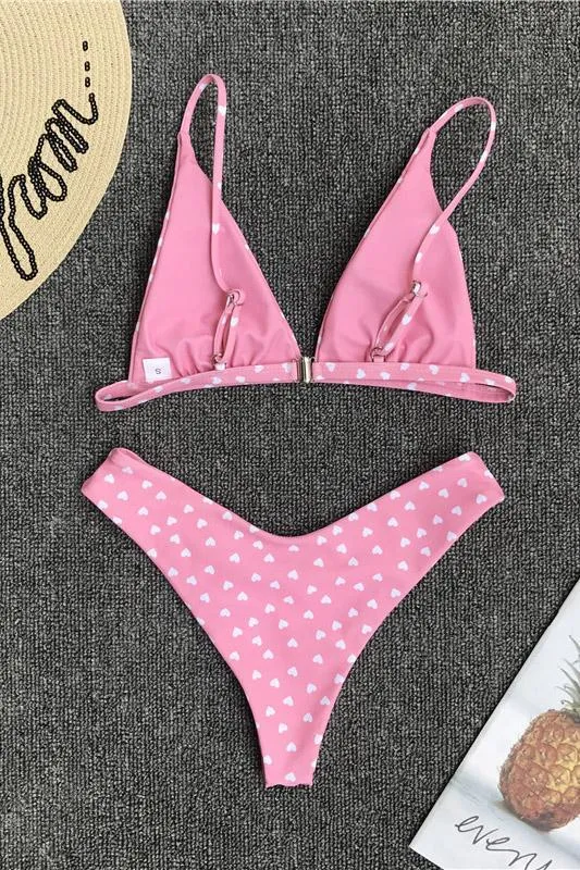 Chic Heart Printed Triangle Bikinis Two Piece Swimsuit SW925