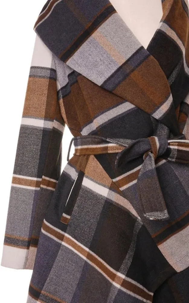 CHICWISH Women's Turn Down Shawl Collar Earth Tone Check Asymmetric Hemline Wool Blend Coat
