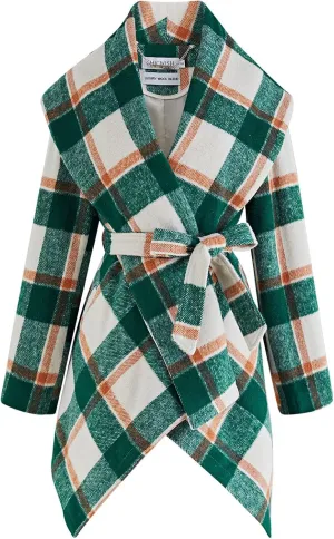 CHICWISH Women's Turn Down Shawl Collar Earth Tone Check Asymmetric Hemline Wool Blend Coat