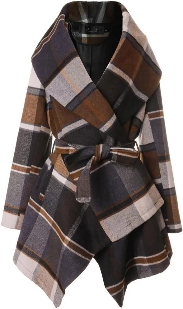 CHICWISH Women's Turn Down Shawl Collar Earth Tone Check Asymmetric Hemline Wool Blend Coat