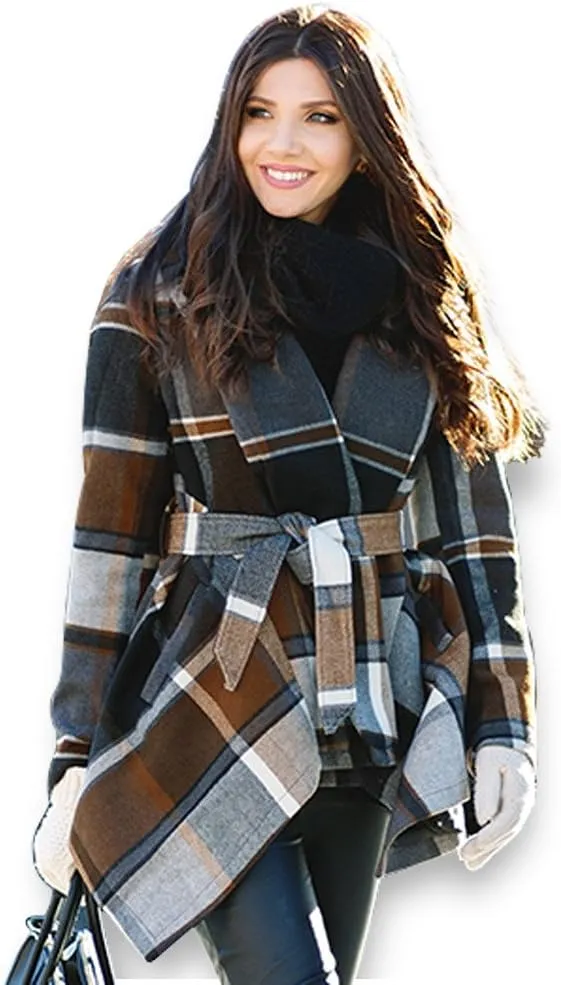 CHICWISH Women's Turn Down Shawl Collar Earth Tone Check Asymmetric Hemline Wool Blend Coat