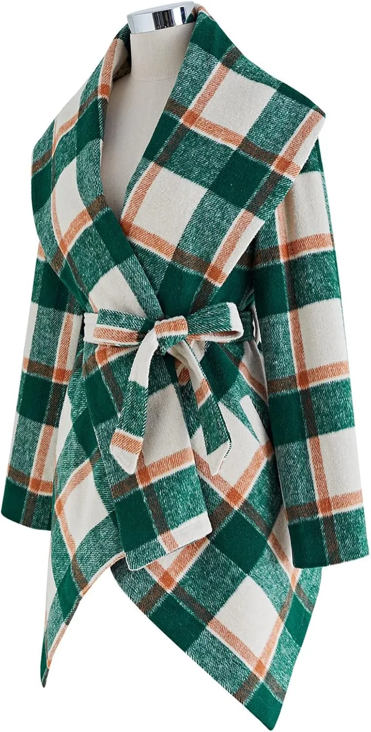 CHICWISH Women's Turn Down Shawl Collar Earth Tone Check Asymmetric Hemline Wool Blend Coat