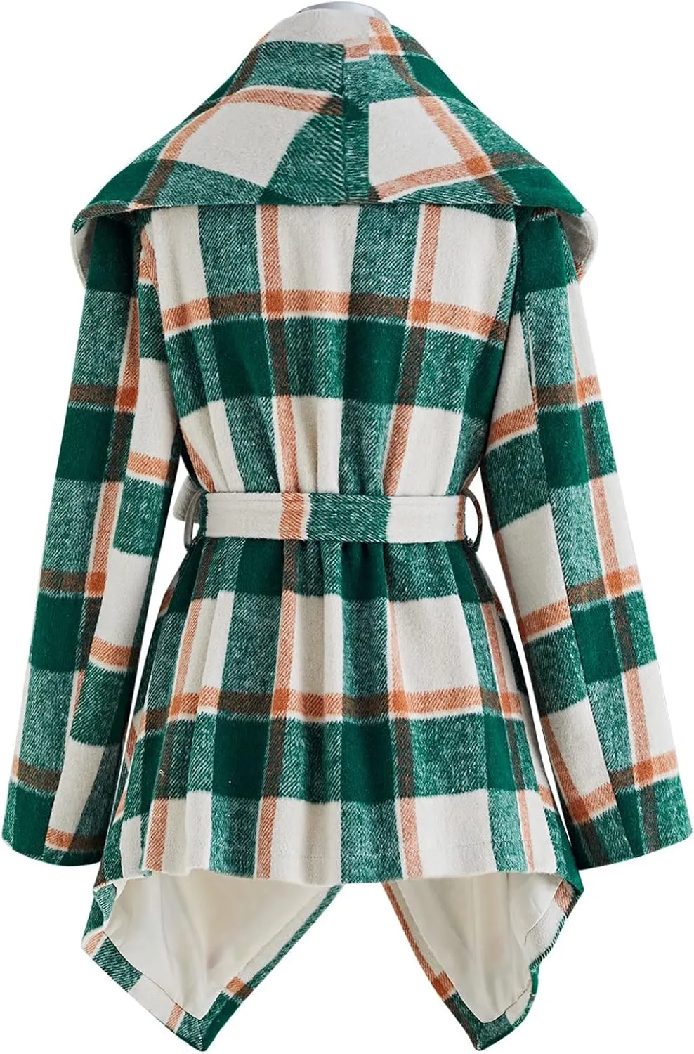 CHICWISH Women's Turn Down Shawl Collar Earth Tone Check Asymmetric Hemline Wool Blend Coat