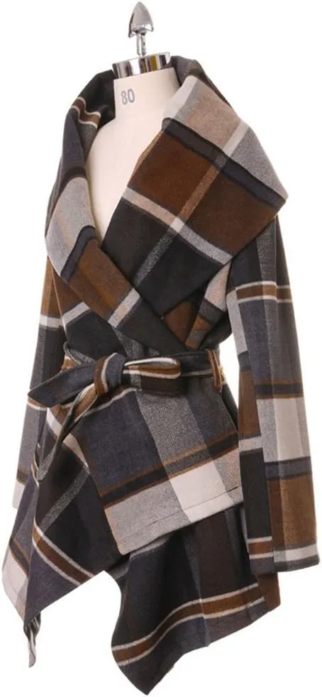 CHICWISH Women's Turn Down Shawl Collar Earth Tone Check Asymmetric Hemline Wool Blend Coat