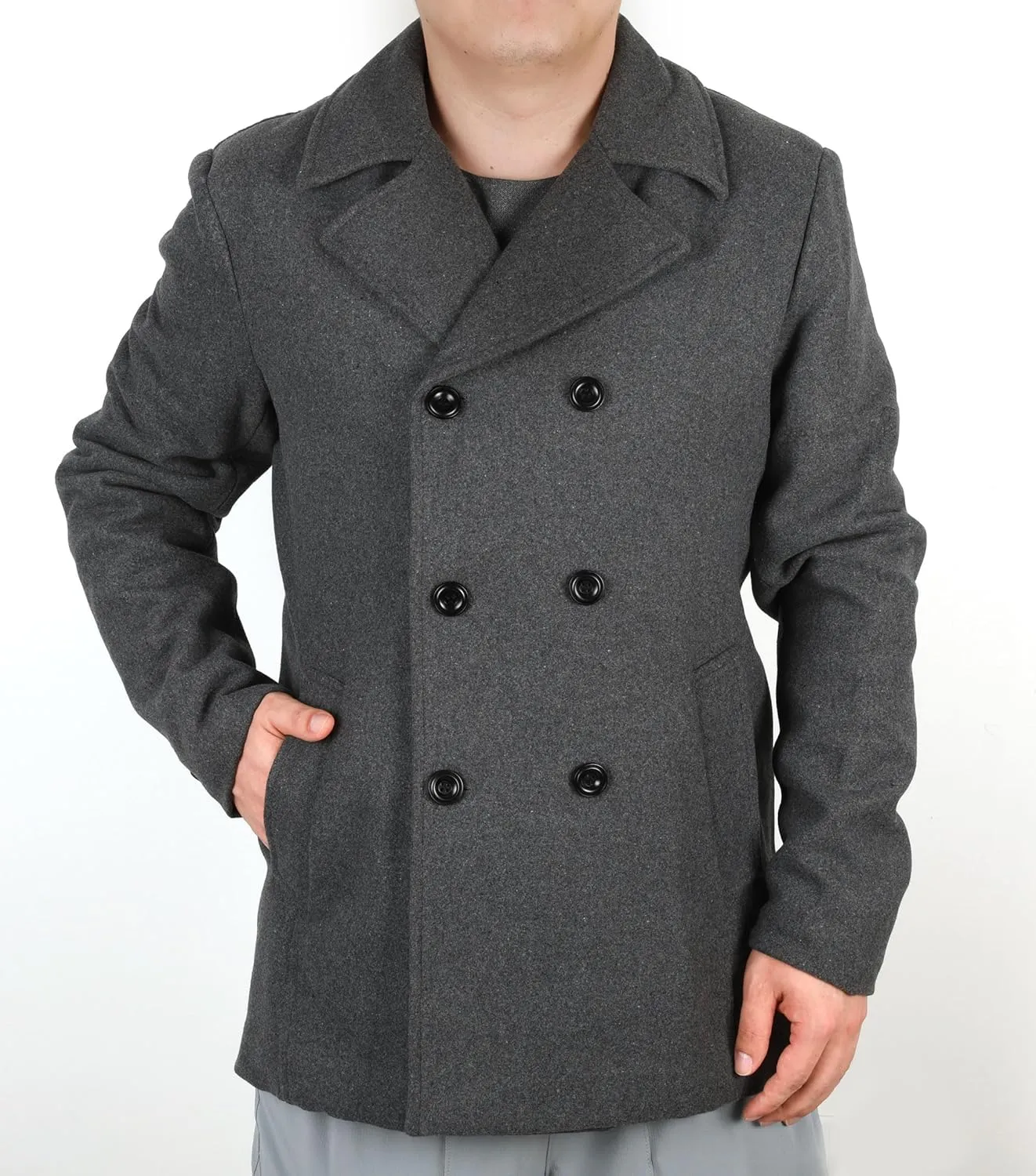 chouyatou Men's Classic Notched Collar Double Breasted Wool Blend Pea Coat