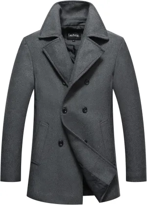 chouyatou Men's Classic Notched Collar Double Breasted Wool Blend Pea Coat