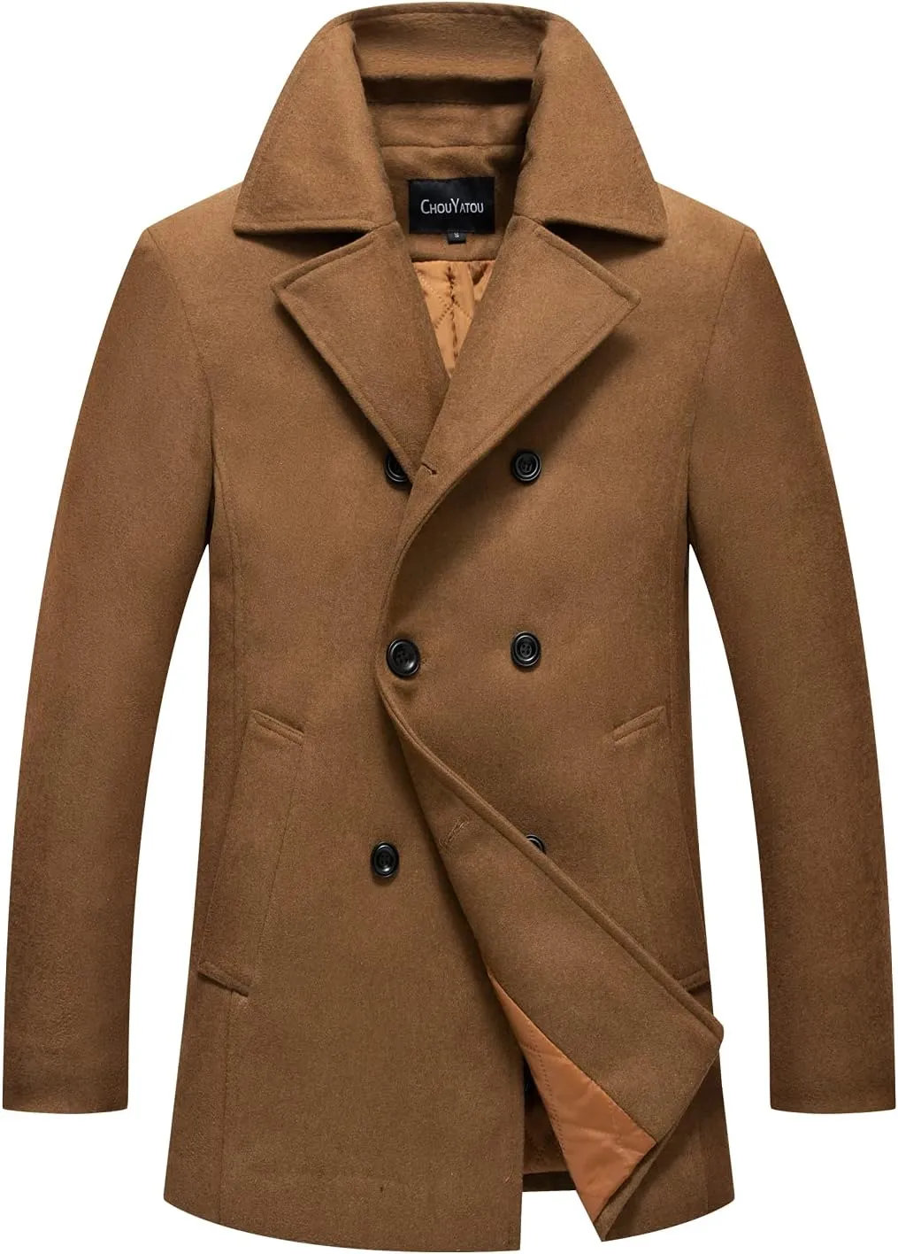 chouyatou Men's Classic Notched Collar Double Breasted Wool Blend Pea Coat