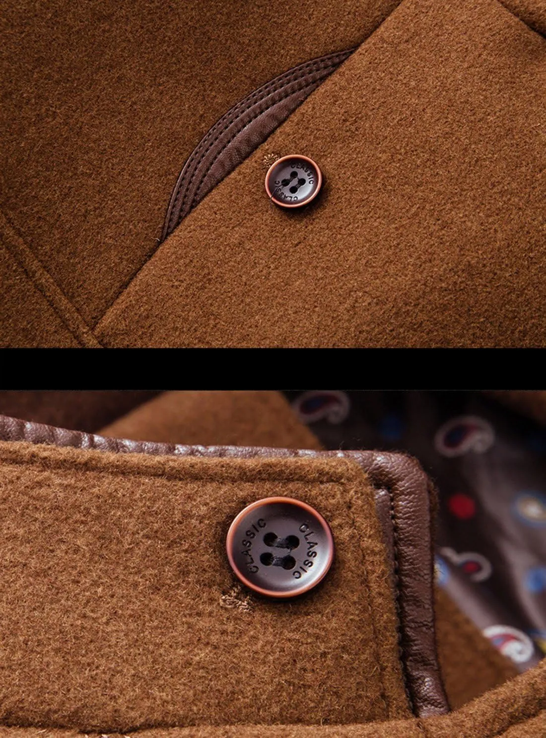 chouyatou Men's Gentle Band Collar Single Breasted Wool Blend Pea Coat