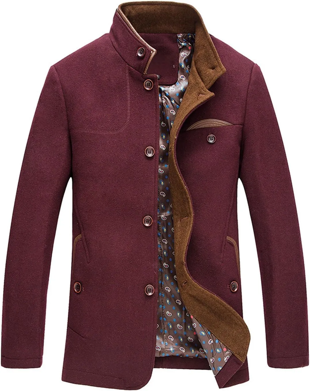 chouyatou Men's Gentle Band Collar Single Breasted Wool Blend Pea Coat