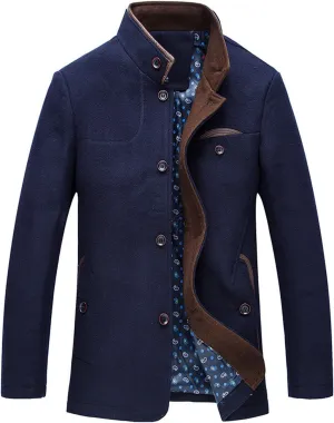 chouyatou Men's Gentle Band Collar Single Breasted Wool Blend Pea Coat