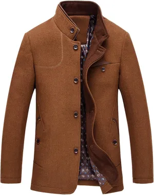 chouyatou Men's Gentle Band Collar Single Breasted Wool Blend Pea Coat