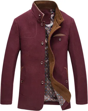 chouyatou Men's Gentle Band Collar Single Breasted Wool Blend Pea Coat