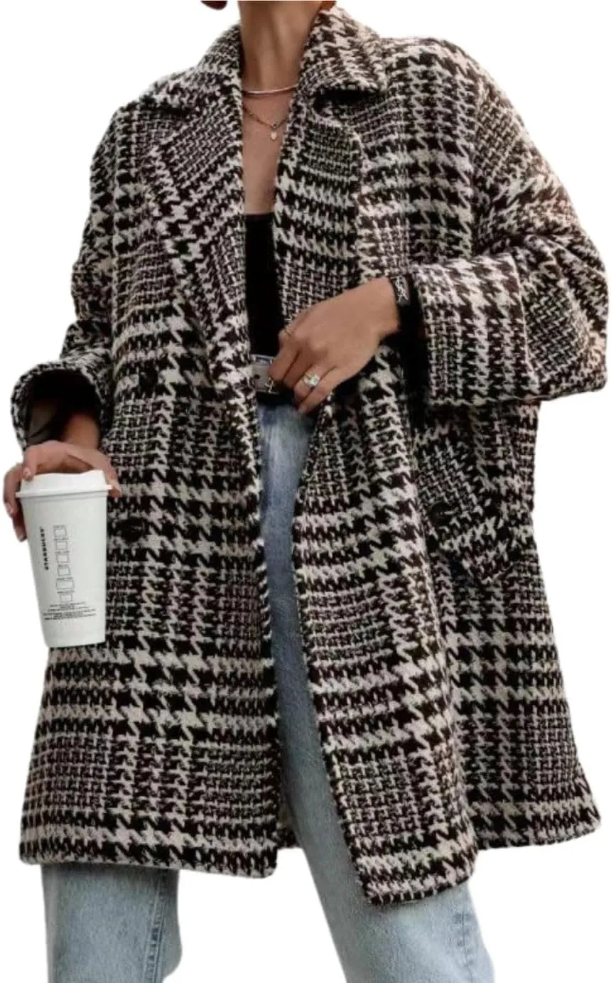 chouyatou Women Winter Houndstooth Wool Blend Coat Notch Lapel Loose Warm Mid Long Double Breasted Peacoat