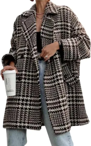 chouyatou Women Winter Houndstooth Wool Blend Coat Notch Lapel Loose Warm Mid Long Double Breasted Peacoat